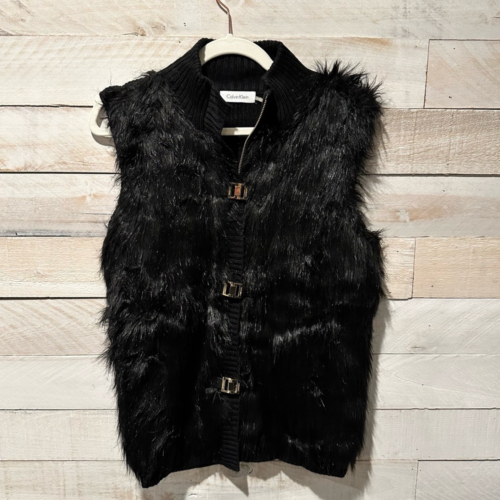 Calvin Klein Women's Faux Fur Knit Sweater Vest Zip Up